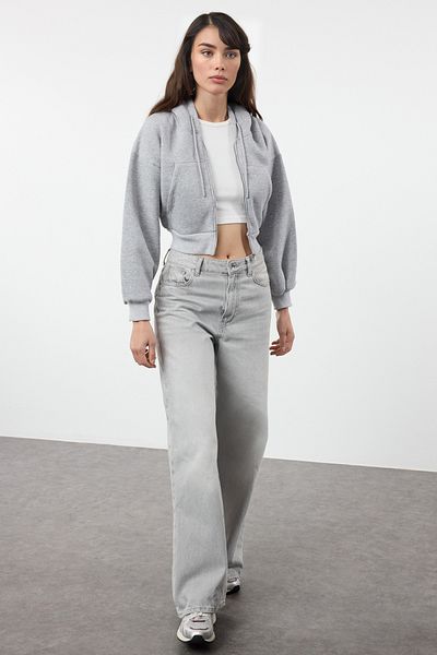 Trendyol Collection Thick Fleece Gray Knitted Sweatshirt - Hooded, Melange Regular Twoaw25sw00068