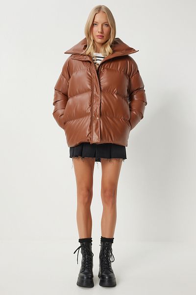 Happiness İstanbul Women's Tan Stand Collar Faux Leather Puffer Jacket Pys0029