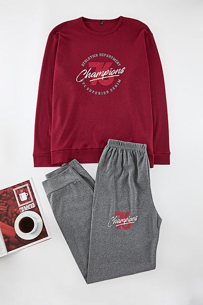 Edit by Trendyol Burgunderfarbenes bedrucktes Herren-Pyjama-Set - TEDAW25PT00003
