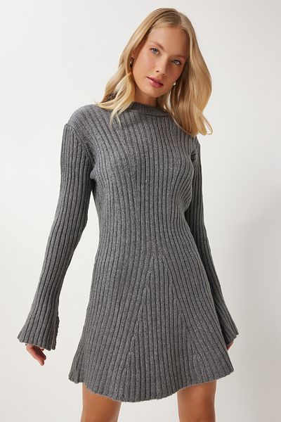 Happiness İstanbul Women's Gray Corded Knitwear Dress Kb00039
