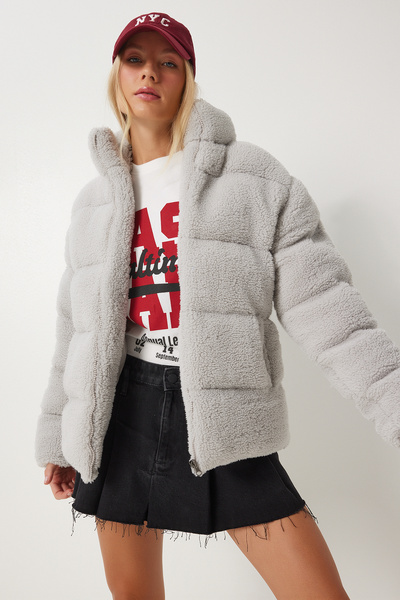 Happiness İstanbul Kadın Gri Dik Yaka Peluş Şişme Mont QA00002