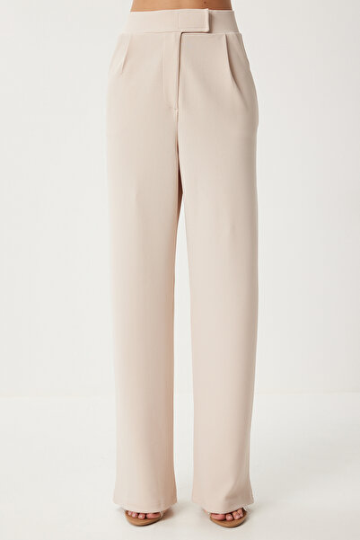 Happiness İstanbul Kadın Krem Beli Cırtlı Rahat Dokuma Pantolon RV00150