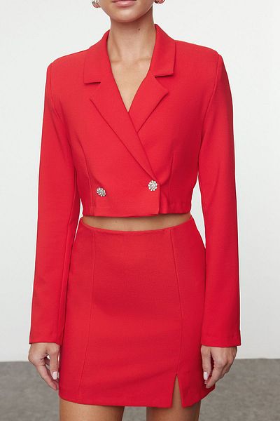 Trendyol Collection Czerwona, tkana kurtka z guzikami z kamienia - Tpraw23Ce00009