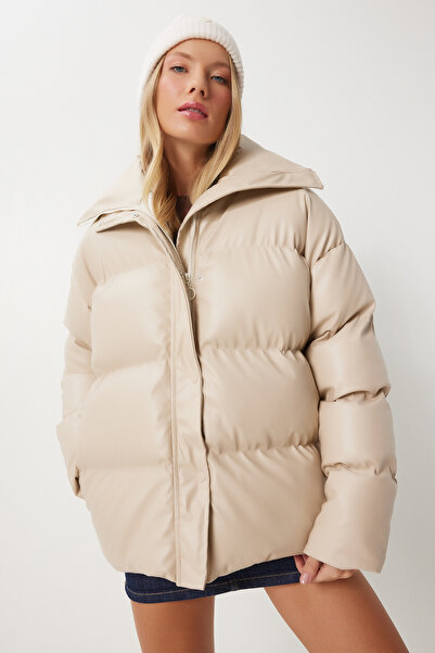 Happiness İstanbul Palton puf de damă, bej, cu guler în picioare, din piele artificială PYS0029