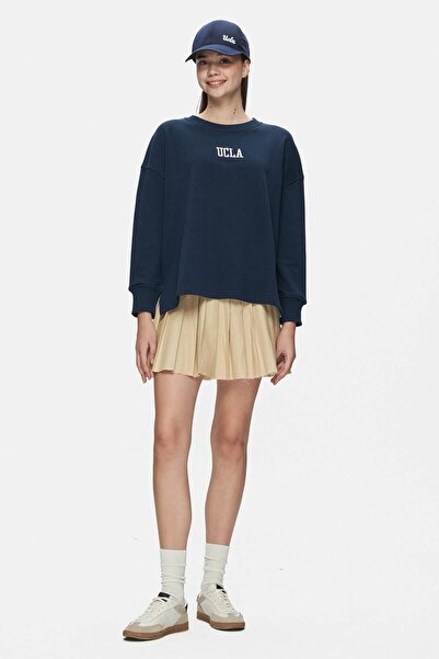 UCLA OLVERA Lacivert Bisiklet Yaka Pamuklu Nakışlı Loose Fit Kadın Sweatshirt