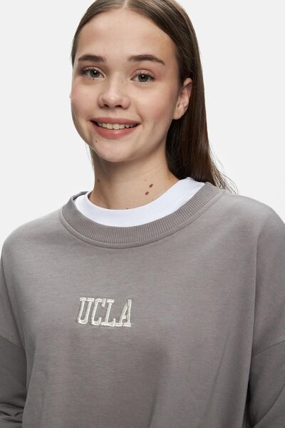 UCLA OLVERA Hanorac de damă cu decolteu rotund brodat gri - Loose Fit