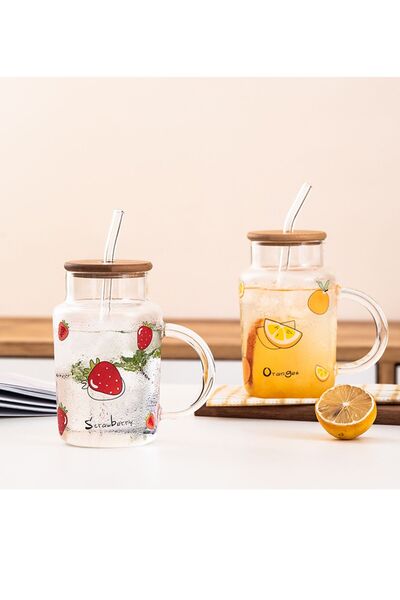 Livava Strawberry Glass Mug with Straw, Red, 12X7