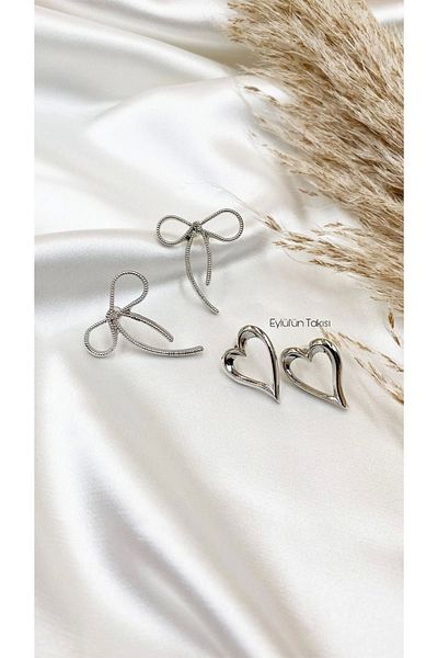Eylülün Takısı Silver Colored Women's Medium Size 2 Pairs Bow and Heart Earrings