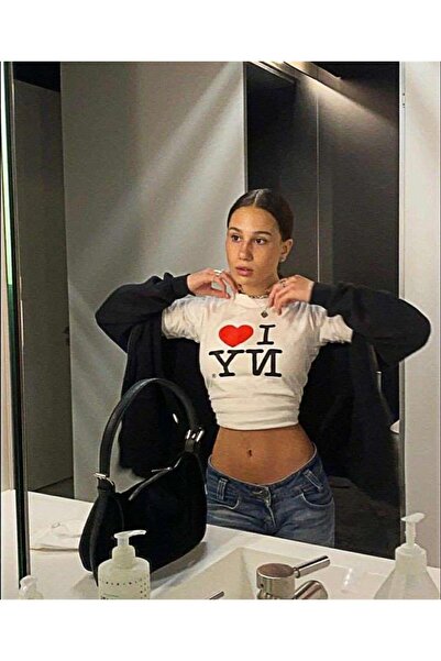 Toum Enya Takı I Love NY Baskılı Beyaz Crop