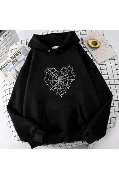 Toum Hanorac cu glugă oversize unisex, negru, cu imprimeu Heart Web, Enya Jew...