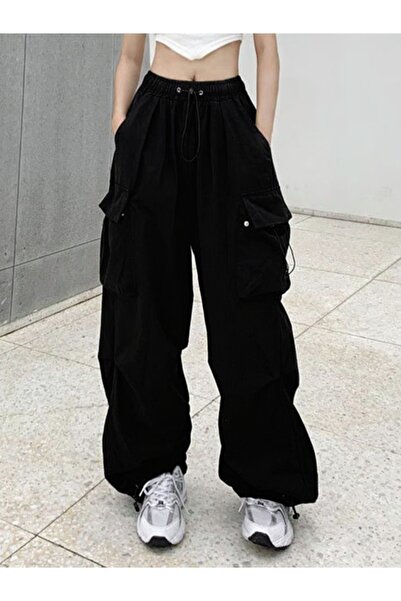 Toum Enya Takı Siyah Tactical Paraşüt Kumaş Kargo Cepli Oversize Unisex Pantolon
