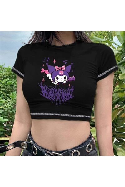 Toum Crop negru Enya imprimat Kuromi - Cusătură inversă