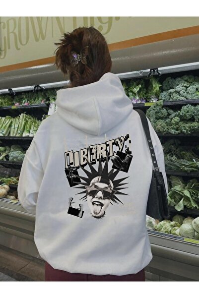 Toum Enya Jewelry Liberty Printed White Hooded Sweatshirt
