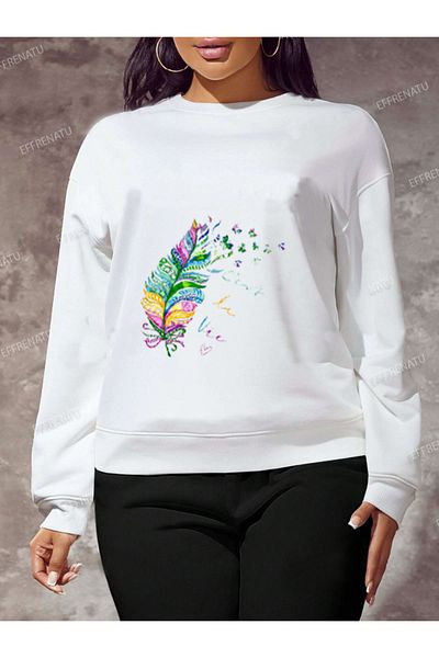 EFFRENATU Hila Fashion White Printed Turtleneck Sweatshirt, Plus Size