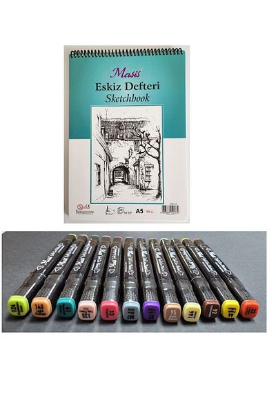 Masis A5 Drawing Notebook - Double Ended Graphic Marker, 12 Pack Warm Colors