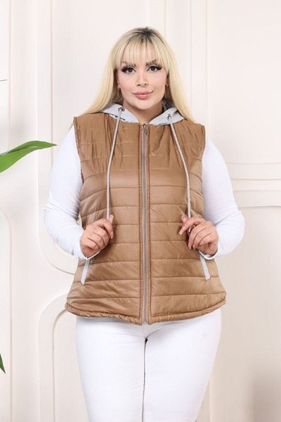 KLEERMAKER Plus Size Quilted Puffer Vest with Hood and Pockets - Mink