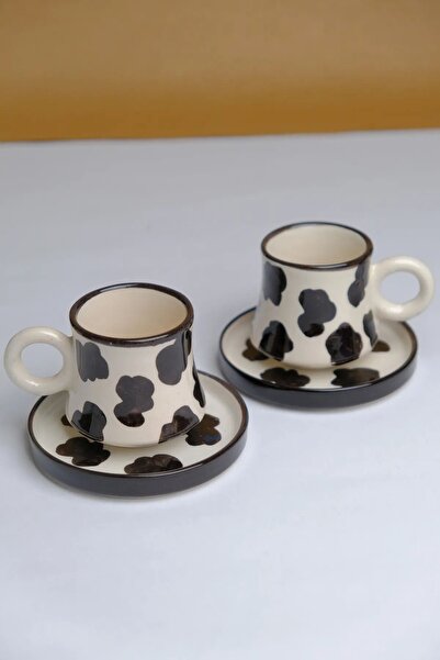 Porsellena 2 Pieces Cow Themed Handmade Coffee Cup Set