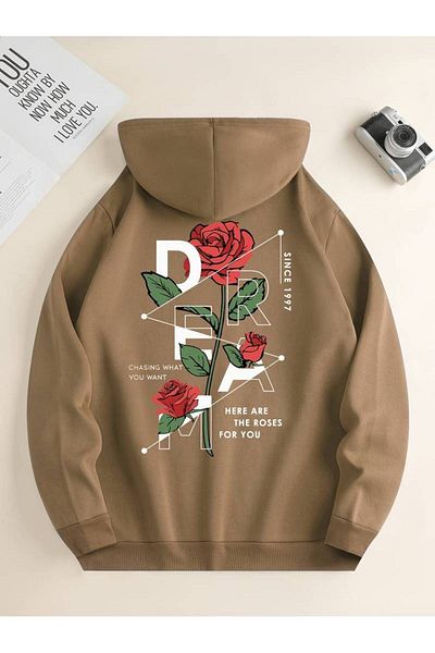 Keywest Φούτερ με κουκούλα Dream Rose Printed Unisex Oversize - 3 κλωστές 100% βαμβάκι