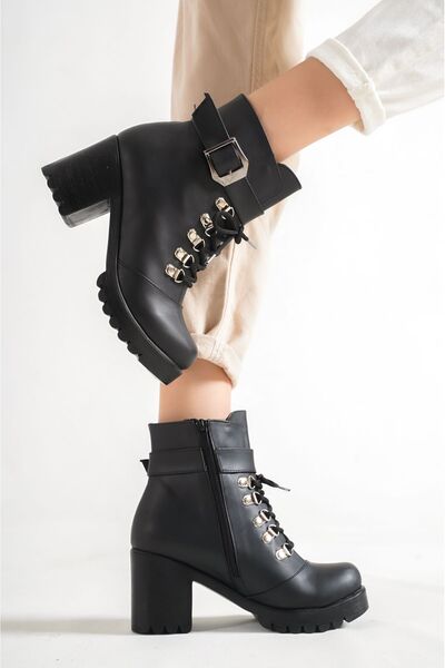 OBAY LİFE Dámské černé kožené boty na podpatku se zipem NBR10078