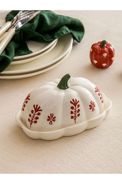 LC Waikiki Home Ecru Ceramic Butter Bowl with Pumpkin Figure 18 cm