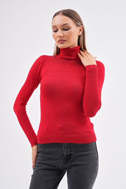 Butik Serdivan Glittered Stone Detailed Turtleneck Knitwear Sweater - Lycra N...