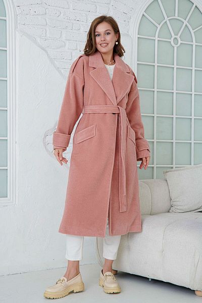 WOMAN VISION Μακρυμάνικο Dusty Rose Midi παλτό με διπλό στήθος γιακά και ζώνη - με επένδυση από τους ώμους 9002
