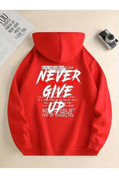 Keywest Унисекс Never Give Up Зимен суичър с щампи Oversize - 3 нишки, 100% памук, суичър с качулка