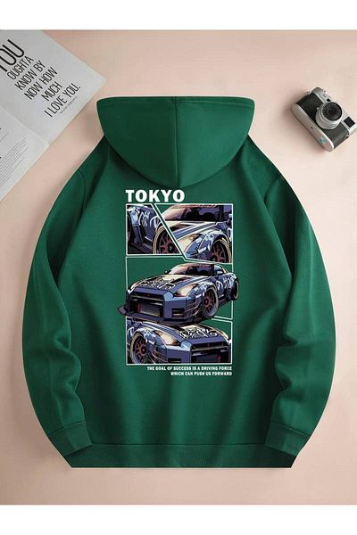 Keywest Tokyo GTR Printed Unisex Oversize φούτερ με κουκούλα - Χειμερινό φούτερ με κουκούλα 3 κλωστών 100% βαμβάκι