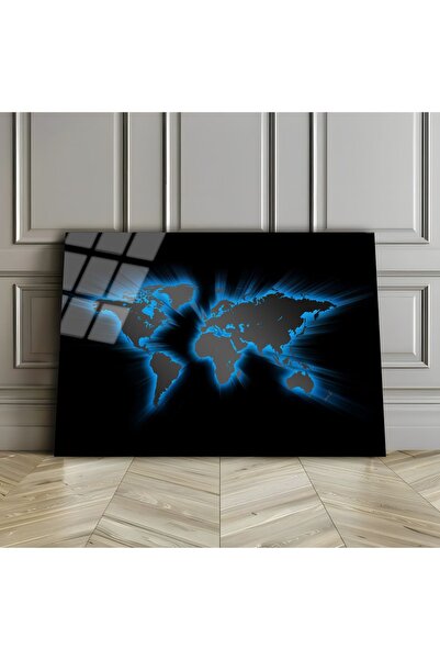 Harikabirev HARİKABİREV | TABLA HARTĂ MONDIALĂ ALBASTRĂ DE STICLA INRĂZĂTĂ (T...