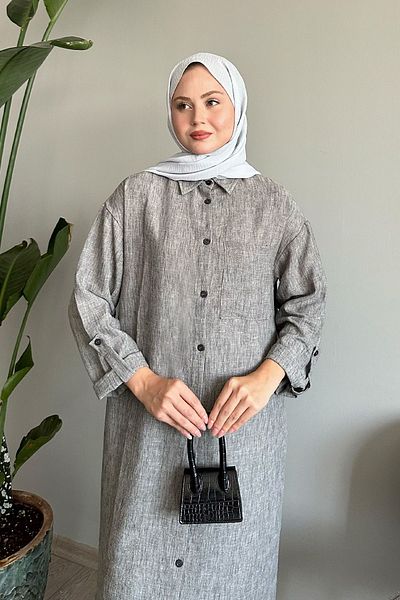InStyle قميص كاجوال رمادي طويل مع جيوب من الكتان