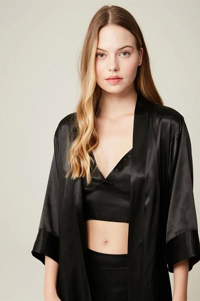 MISSDORE Felicia Black Satin Bustier - Dressing Gown and Trousers 3-Piece Set