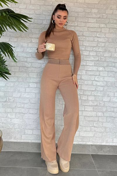 GÜLSELİ Biscuit Corded Crop Knitwear Blouse Trousers Double Set