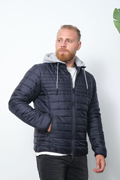 Wise Erkek Lacivert Penye Çıkarılabilir Kapüşonlu Şişme Mont