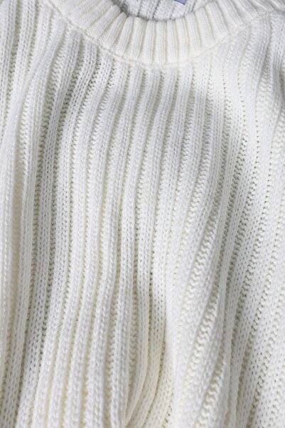 Slatra Men's Ecru Thick Corded Wool Blended Crew Neck Oversize Sweater