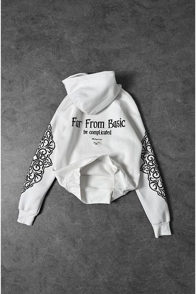 Slatra Men's White Far from Basic Printed Embroidery Detail Hooded Oversize Sweatshirt