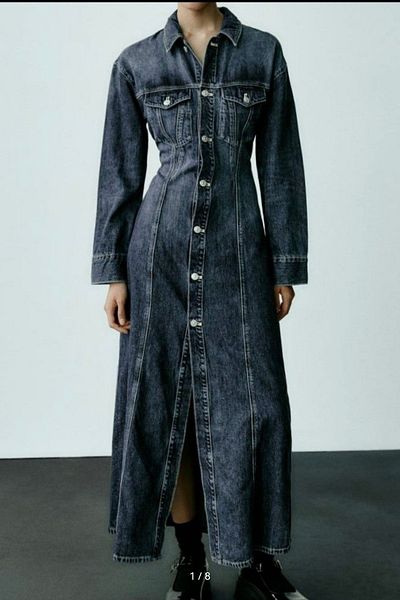 Butik Allbucks Zara، فستان طويل الأكمام من قماش الدنيم مع الخصر Abzr0098