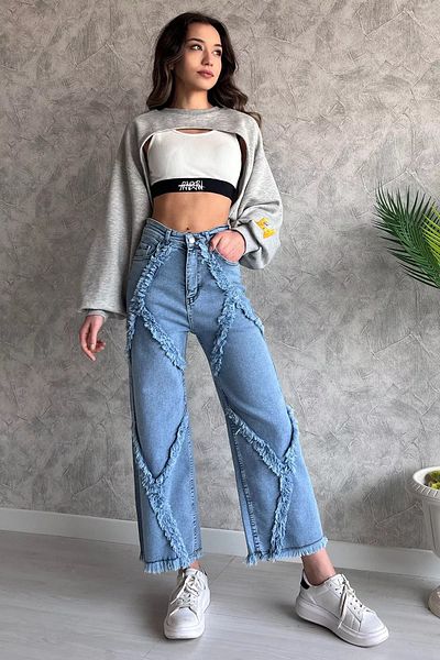 GÜLSELİ Light Blue High Waist Tassel Detailed Palazzo Jean Jeans