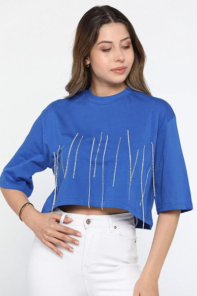GÜLSELİ Μπλούζα Saks Blue Crew Neck Stone Κεντημένη Oversize Crop Top Μπλούζα