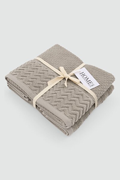 HOME 1961 Beige 2-Piece Towel Set - 100% Cotton, Velvet Border Jacquard and H...