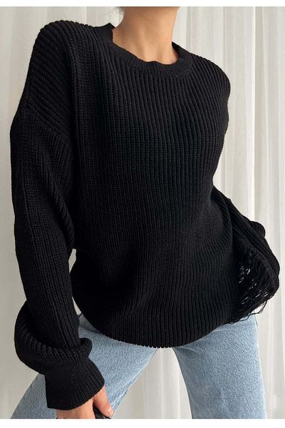 lovebox Women's Crew Neck Side Shabby Knit Design Black Oversize Knitwear Sweater 0249