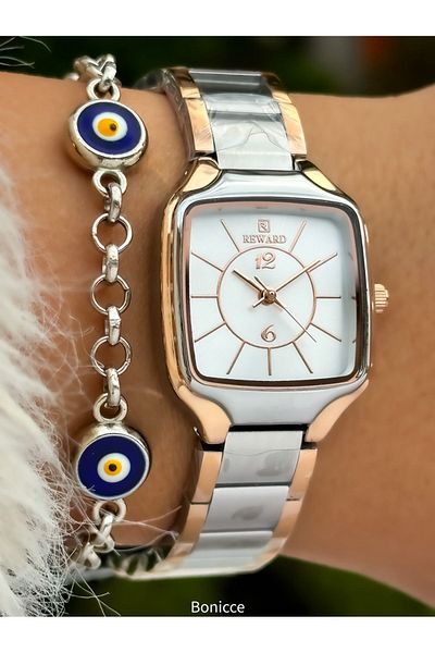 Reward Brand Steel Cord Rose/Silver Square Case Women's Wristwatch+Nazar Beaded Bracelet Gift
