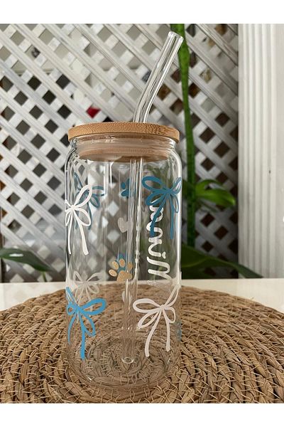 PiyaCraft Blue Ribbon Bamboo Lid Glass Cup |   Coffee Glass |   Glass Cup with Straw