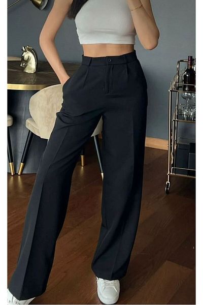 mor butik Women's Black Palazzo Trousers - Oversize Cut Fav01005