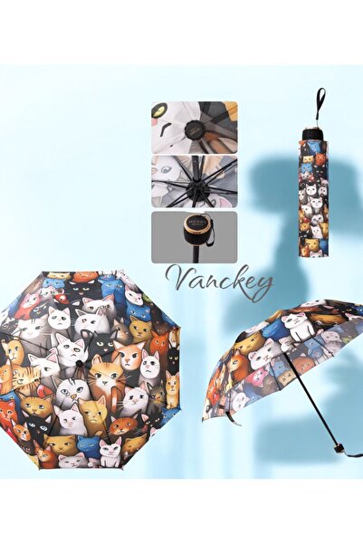 VANCKEY Üç Boyutlu Renkli Kedi Desenli 8 Telli Manuel Rüzgara Dayanıklı Şemsiye