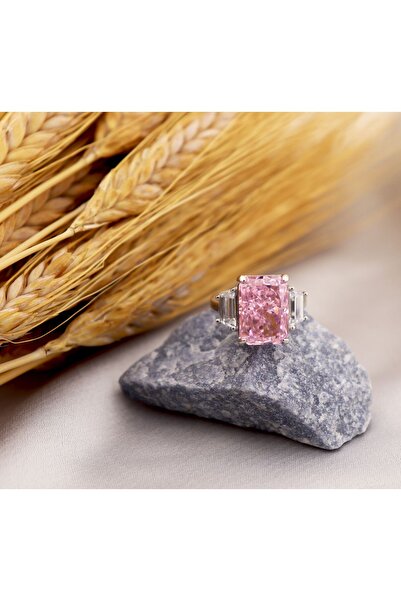 Silveranka 925 Ayar Gümüş Pembe Elmas Kesim Baget Taşlı Yüzük