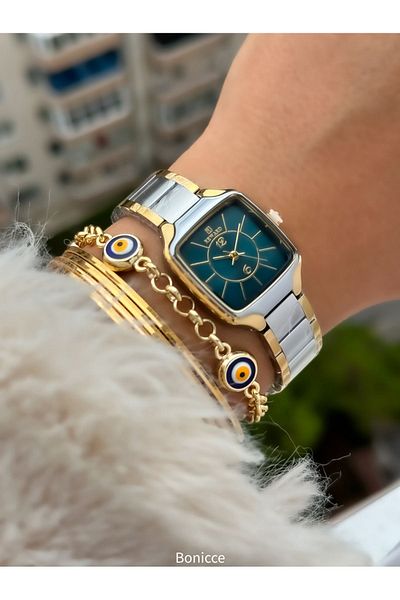 Reward Brand Steel Cord Silver/Yellow Square Case Women's Wristwatch+Nazar Beaded Bracelet Gift