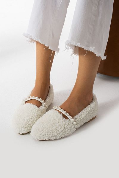 Moda Devrin Balerini de iarnă de damă cu perle de lână albă - pantofi pentru casă și exterior