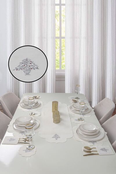 Bonny Home Kiraz Ağacı Krem Gümüş 8 Kişilik 25 Parça Nakışlı Linen Keten Amer...