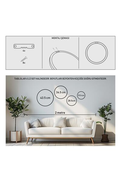 huhuli Ahşap Çerçeveli Modern 4'lü Yuvarlak Tablo Seti Huhu293