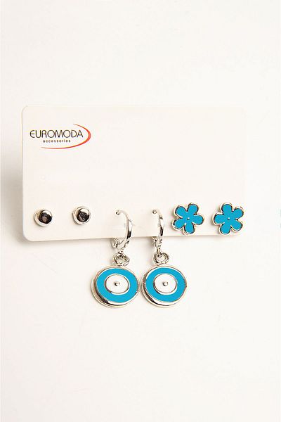 EUROMODA 3-Piece Earring Set - Evil Eye and Flower Design, Ball Earrings